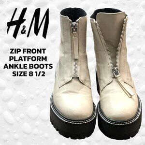 H&M Chunky Off White Platform Zip Front Ankle Boots 8 1/2 Exc Cond.